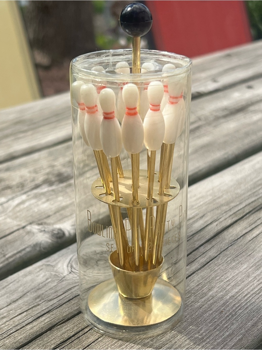 Vintage Mid-Century Bowling Pin Cocktail Picks Set in Plastic Tube / set of 12
